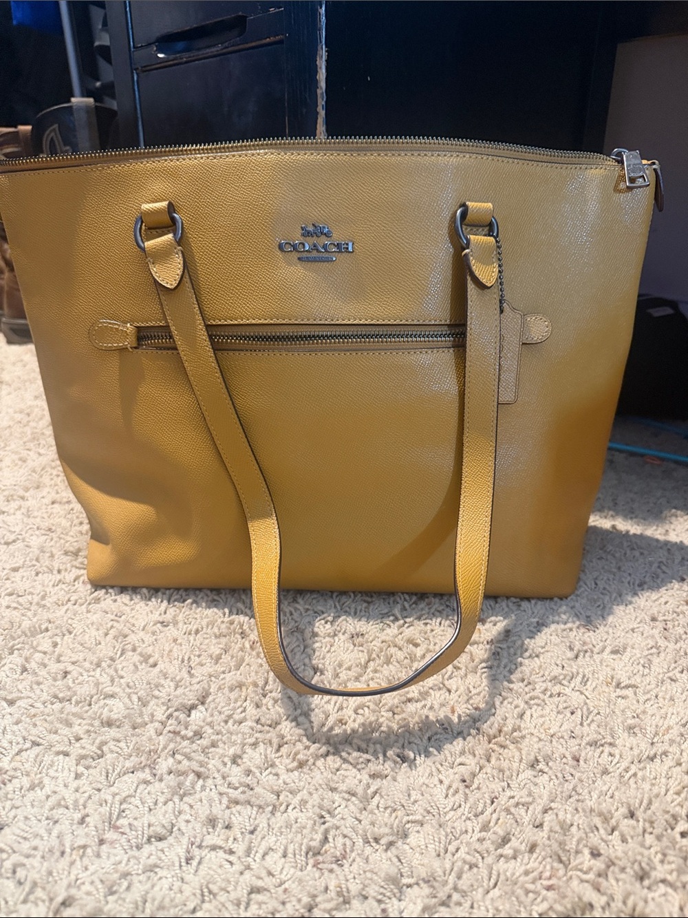 Coach Mustard Yellow Leather Tote Bag with Front Zip